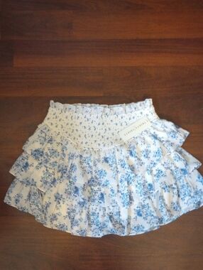 Thirty Thirty White Blue Floral Smocked Ruffled Skater Skirt M